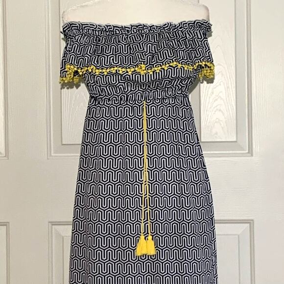 Mud Pie Maxi Dress Blue White Pattern Yellow Tassels Strapless Flowy Dress Small - Picture 8 of 12